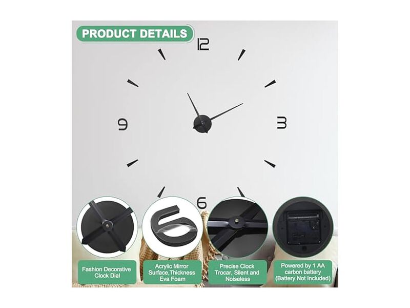 Pack DIY Frameless Surface Mirror Stickers Wall Clock 51 Inch Black Modern image number 1