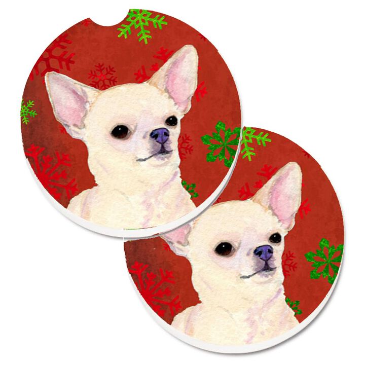 Caroline's Treasures Chihuahua Red & green Snowflakes Holiday Christmas Set of 2 Cup Holder Car Coasters SS4679CARC, 2.56, Multicolor