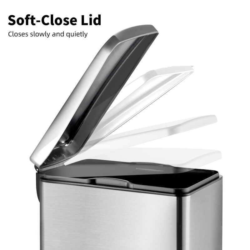 11.9 Gallon + Two 1.6 Gallon Slim Trash Can Sets, Stainless Steel Step-on Trash Can with Soft-Close Lid. Silver image number 5