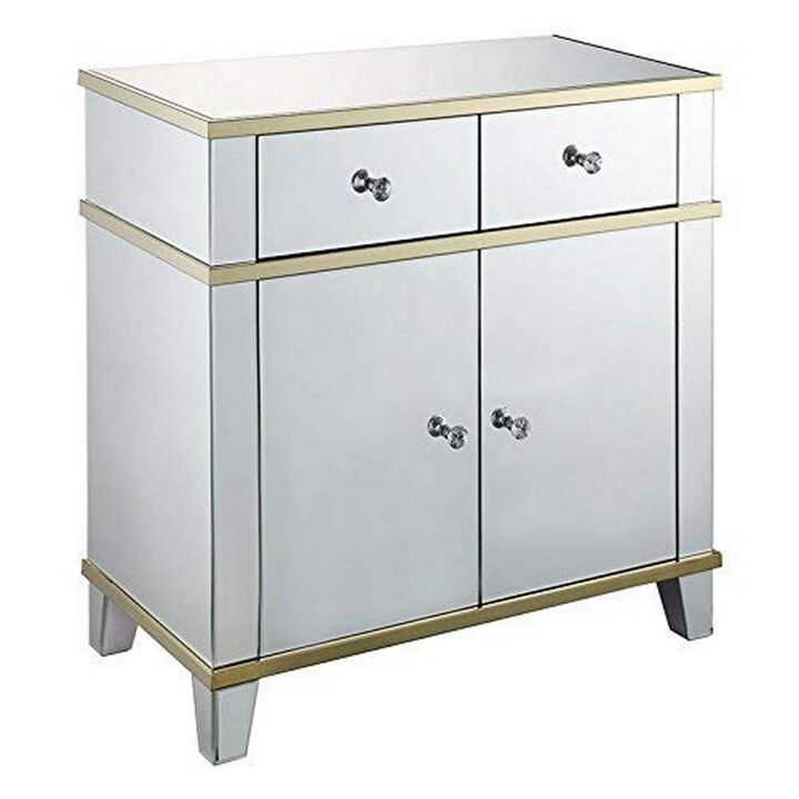 Fully Mirrored Wooden Console Table With Two Drawers And One Cabinet, Silver-Benzara