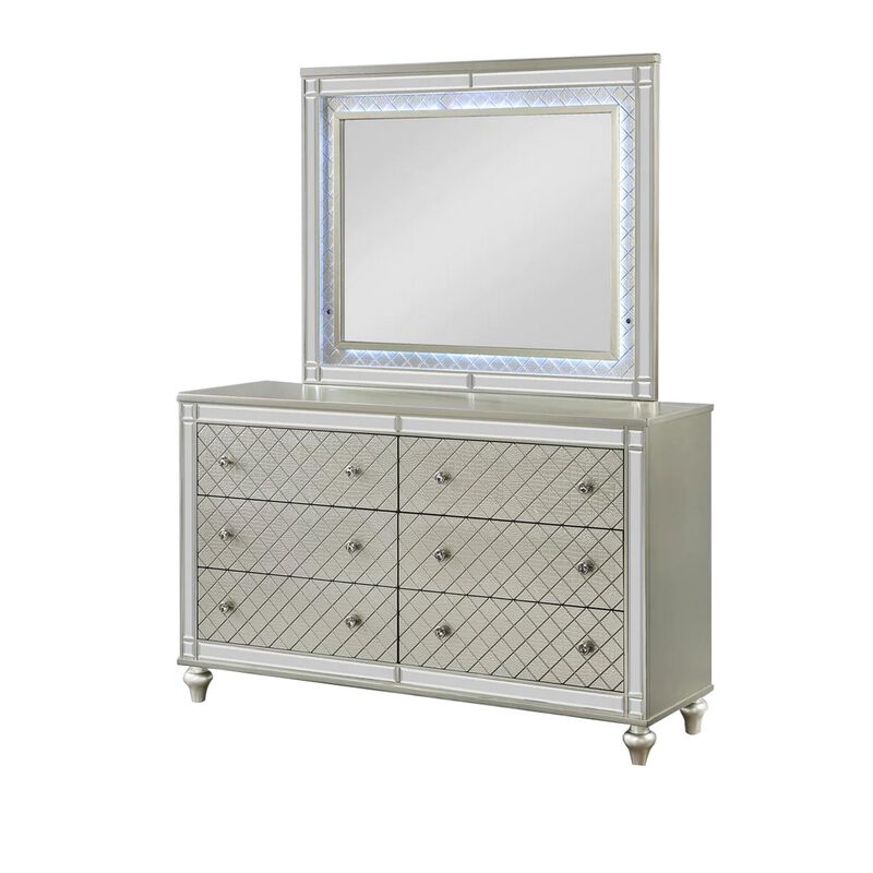 Benjara Cristo 62 Inch Wide Dresser with Mirror, 6 Drawers, Champagne Cross Pattern, Silver