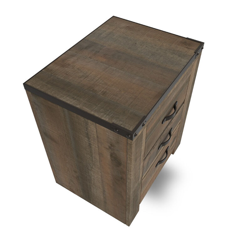 Zoey Nightstand w 2 Drawers, USB Port, Rustic Brown Plank Details - Benzara