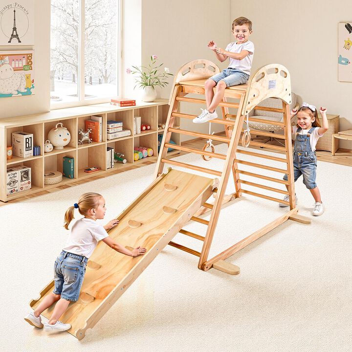 Wooden Indoor Playground Jungle Gym 4-in-1 Kids Climber with Slide, Ladder & Rings-Natural