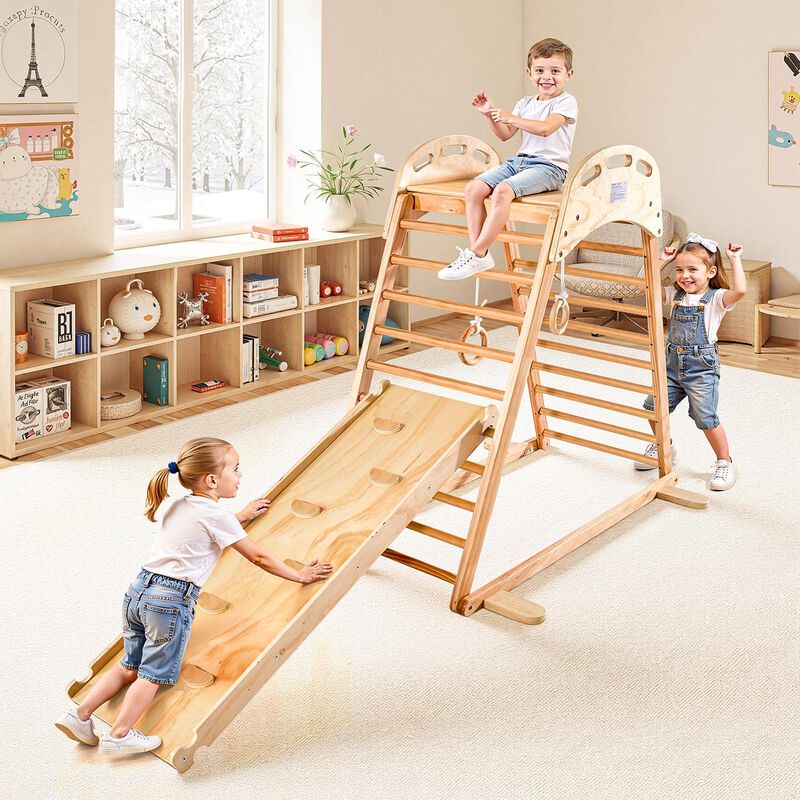 Wooden Indoor Playground Jungle Gym 4-in-1 Kids Climber with Slide, Ladder & Rings-Natural image number 1