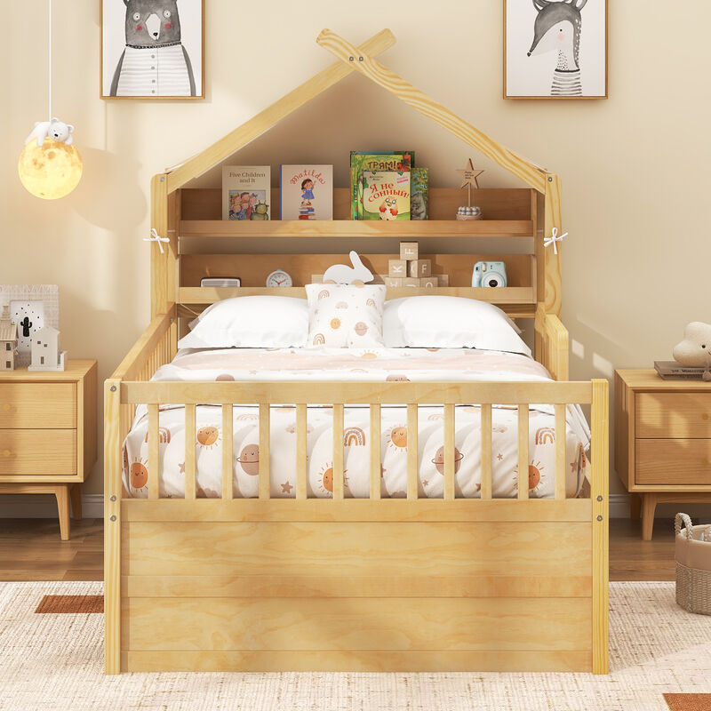 Merax House-Style Bed with Trundle, Bookshelf & Storage Drawers Kids Bed image number 2