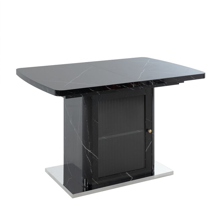 47.24"-63"Modern Rectangle Dining Table, Stretchable, with Printed White Marble Table Top+Storage Cabinet Table Leg with Metal Base