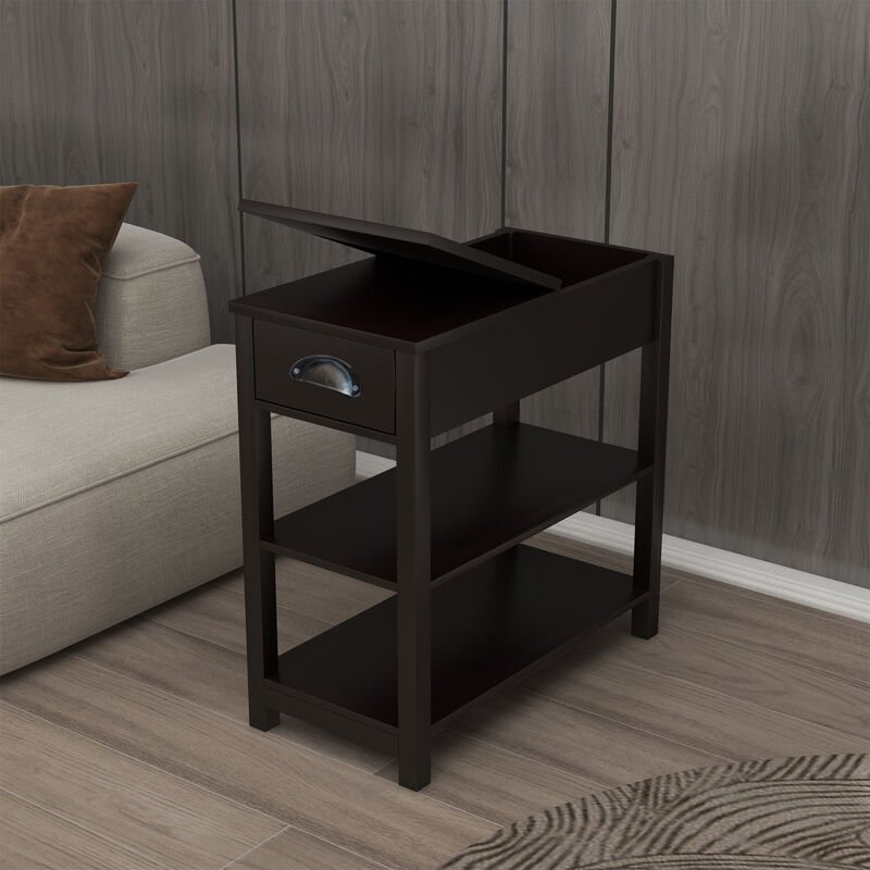 Narrow Sided Table with Drawers and Bottom Partition in Flip Over Design - Brown