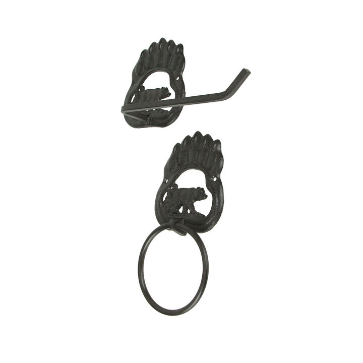 Rustic Cast Iron Black Bear Paw Towel Ring and Holder Set