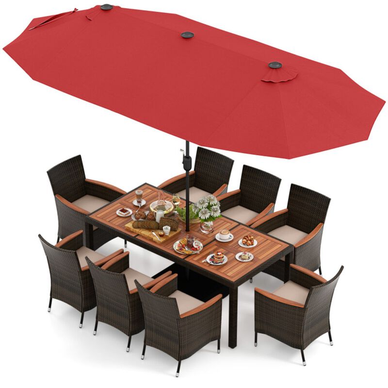 Mondawe 10Pcs Outdoor Dining Set W/ Double-Sided Umbrella,1 Wicker Table&8 Stackable Cushions Chairs