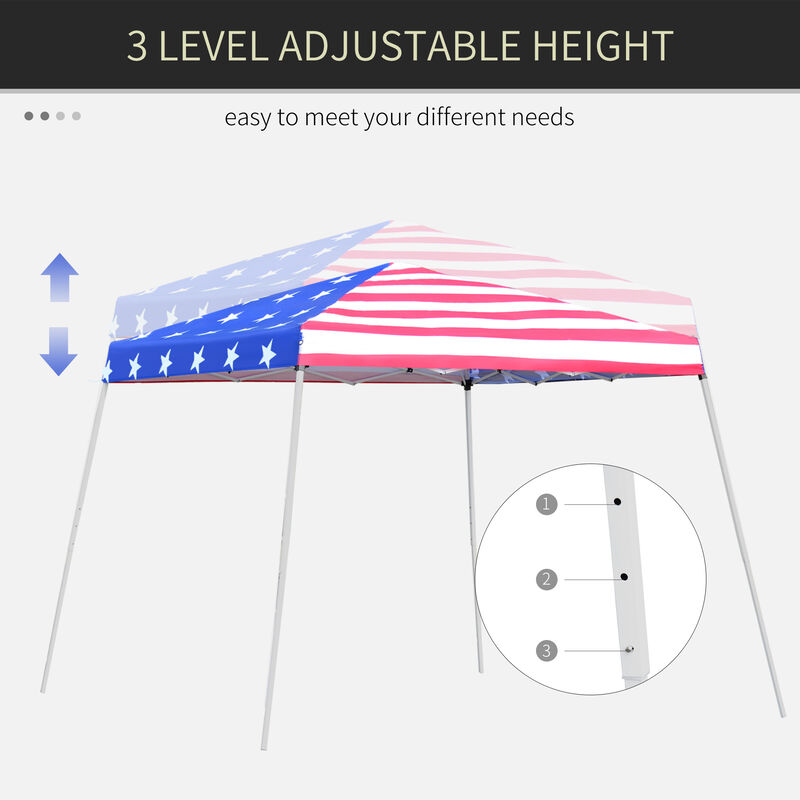 Outsunny Slant Leg Pop Up Canopy Tent with American Flag Roof and Carry Bag, Beach Canopy Instant Sun Shelter, Height Adjustable, (10'x10' Base / 8'x8' Top)