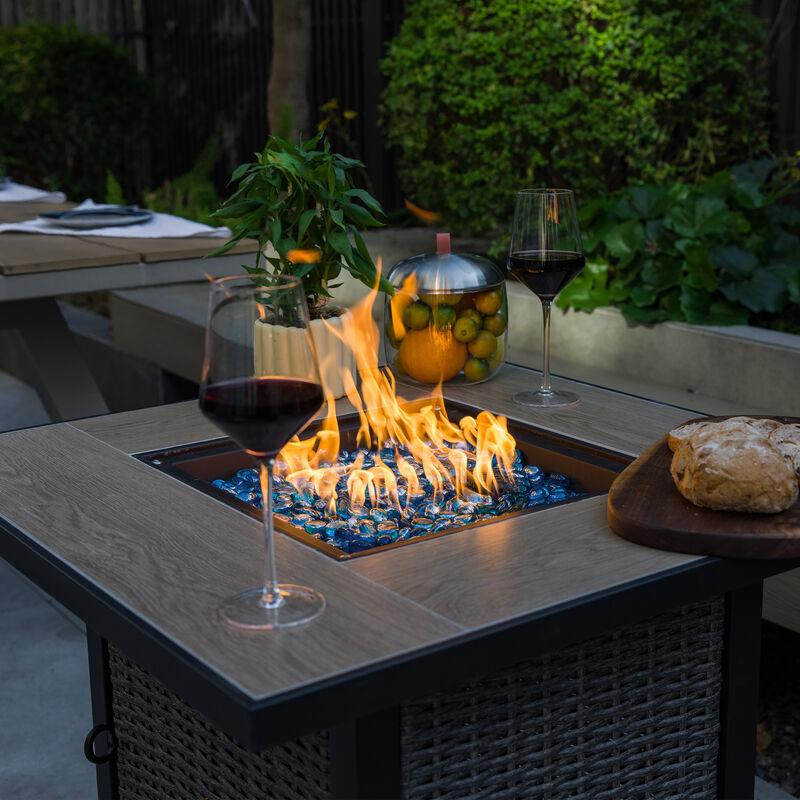 OuterMust 30 Inch Propane Fire Pit Table 50,000 BTU with Lid & Blue Glass Bead