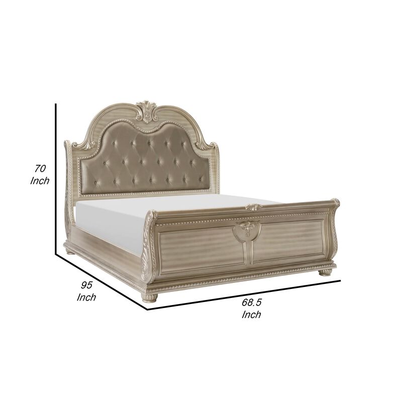 Caitlin Classic Queen Sleigh Bed, Tufted Headboard, Silver Faux Leather - Benzara image number 4