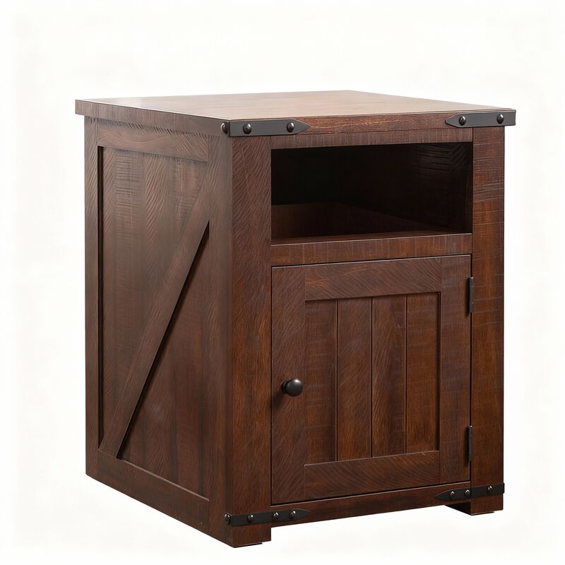 24" Farmhouse Nightstand with Charging Station, Barn Door Side Table, Open & Closed Storage image number 0