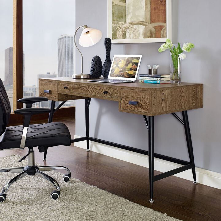 Modway Surplus Wood Grain and Metal Writing Office Desk With Storage Drawers In Walnut