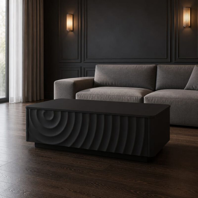 GOODSILO 47 Inch Rectangle Coffee Table with 2 Storage Drawers, Modern Classic Living Room Centerpiece Featuring Wave Texture and Floating Base Design image number 2