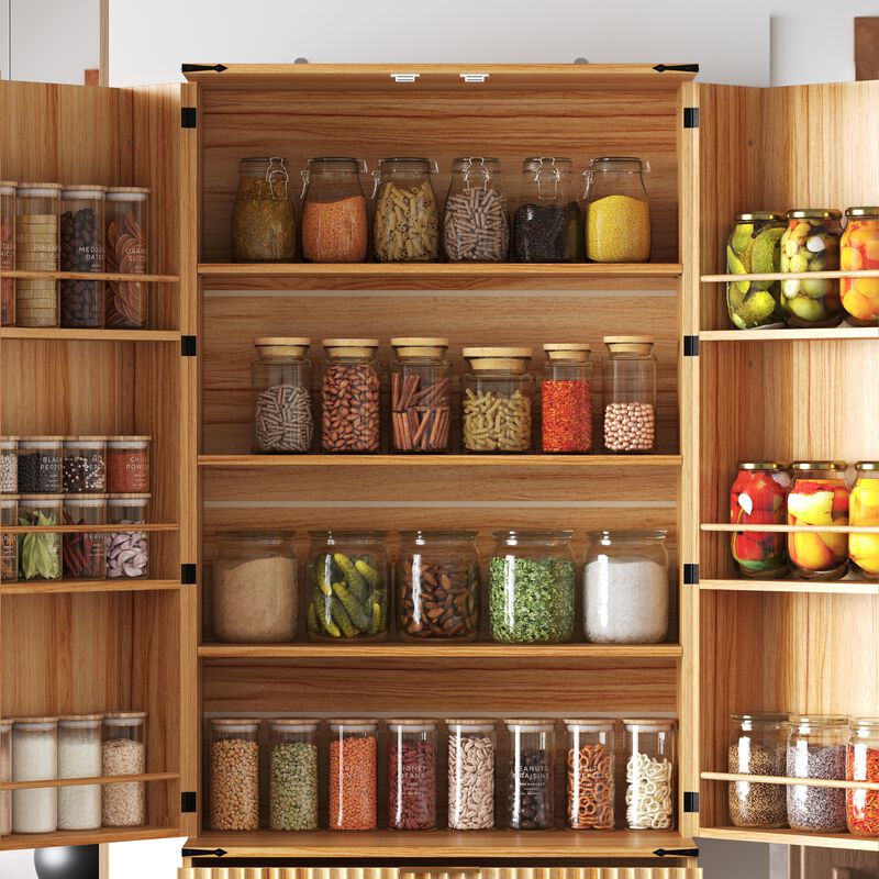 FUFU&GAGA Modern Sideboard Pantry Cabinet with 2 Doors & 2 Drawers, Vertical Line Design, Hidden Handles, (31.5 in. W x 15.7 in. D x 70.9 in. H), Brown