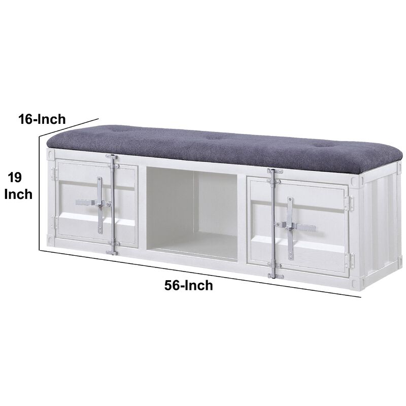 Metal Bench with Open Storage and Tufted Fabric Seat, White and Gray-Benzara image number 5