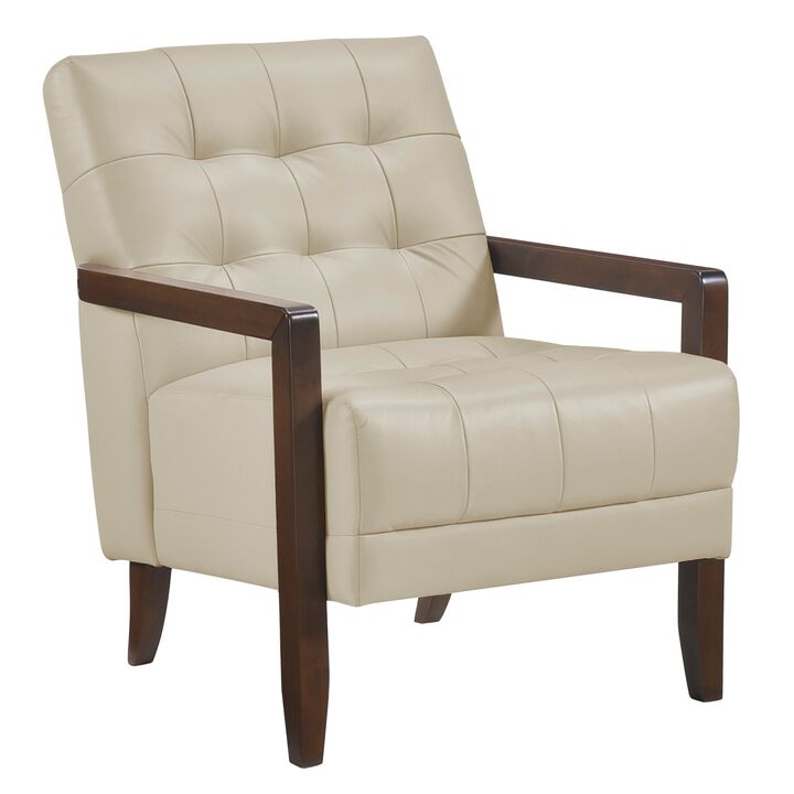 Lenie Accent Armchair, Button Tufted Beige Leather, Walnut Brown Wood