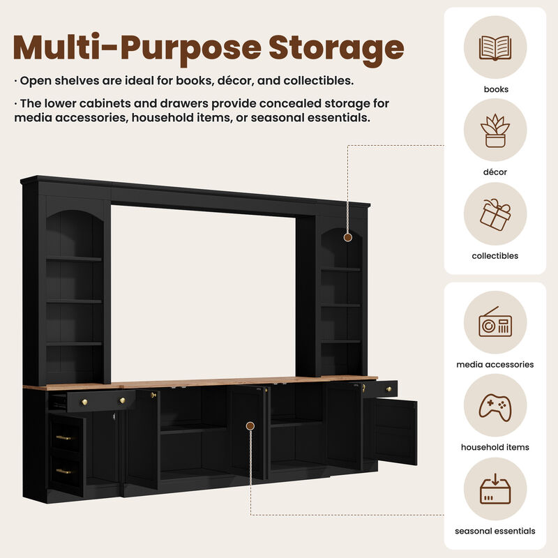 Whisen 106 Inch Farmhouse Entertainment Center with Drawers, Rustic TV Stand & Bookshelf Media Console for Living Room image number 6
