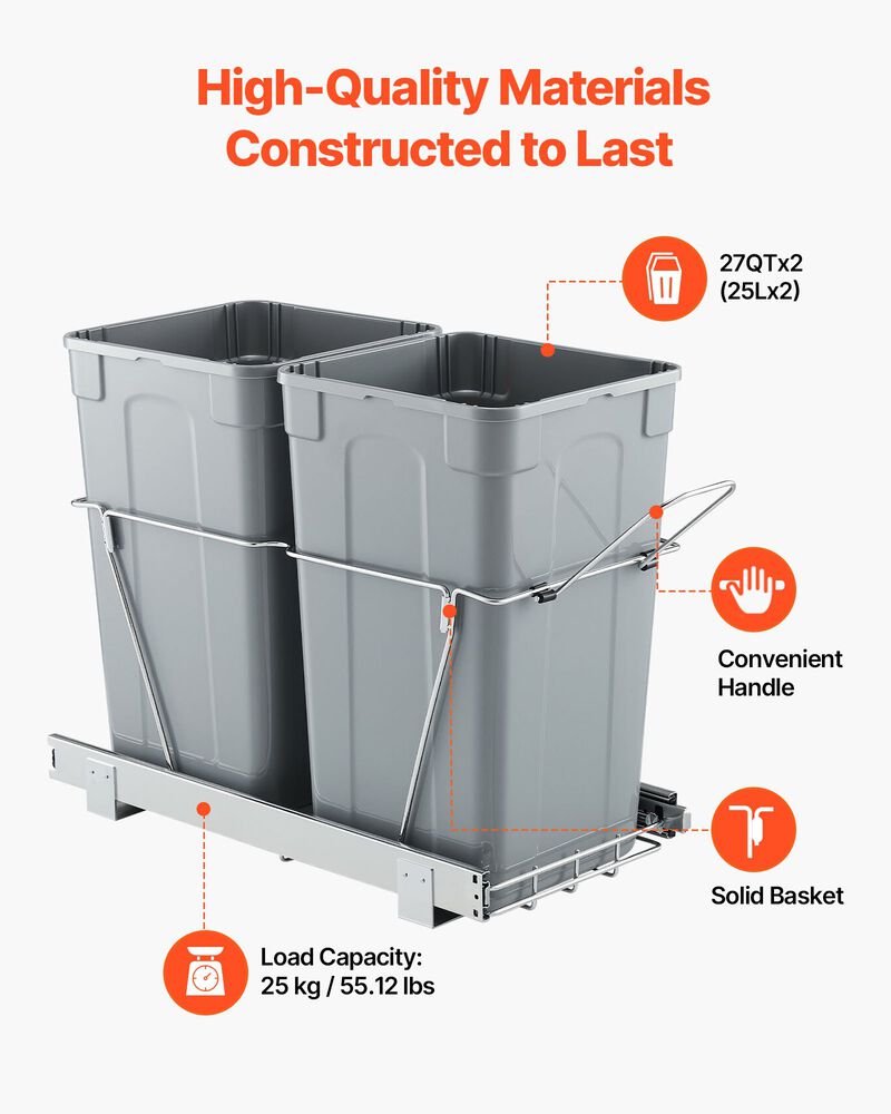 Dual 27QT Pull-Out Under Mount Cabinet Waste Container with Full Extension Rails