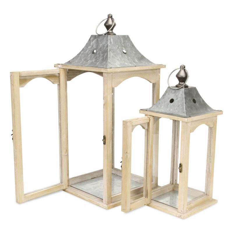 Homezia Set Of 2 Brown Wood Finished Frame Glass And Metal Top Lanterns