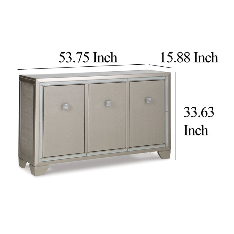 Sideboard Cabinet, Mirrored Top, 54 Inch, Adjustable Shelves, Silver  - Benzara