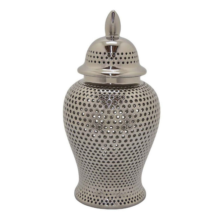 Deni 25 Inch Temple Jar, Large Carved Lattice Design with Lid, Silver - Benzara