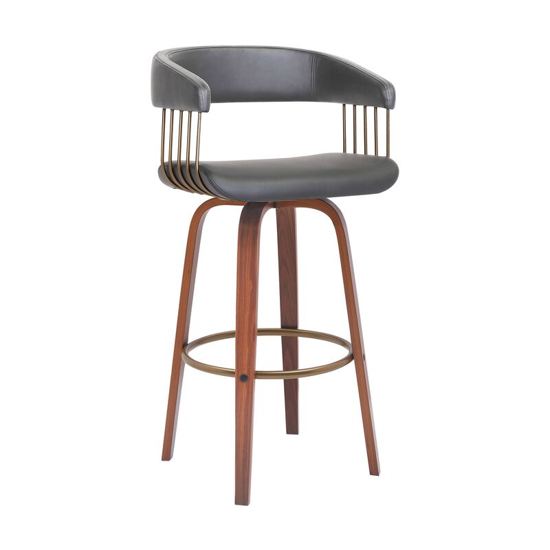 Maya 31 Inch Swivel Barstool Chair, Gray Faux Leather, Bronze, Walnut Brown - Benzara