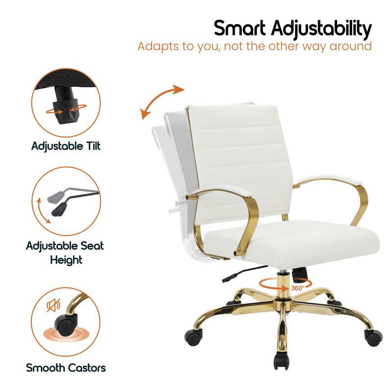 LeisureMod Benmar Leather Office Chair with Gold Accents, Adjustable Height, Swivel Base, Ergonomic Design for Home Office, Study, or Workspace