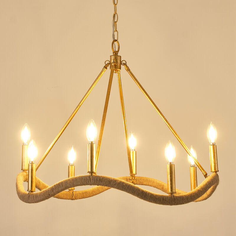 8-Light Bohemian Gold Natural Jute Large Candle Chandelier