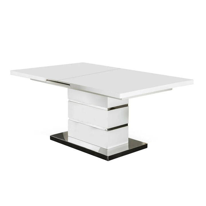 Extendable Dining Table with Metal Base, White and Silver - Benzara