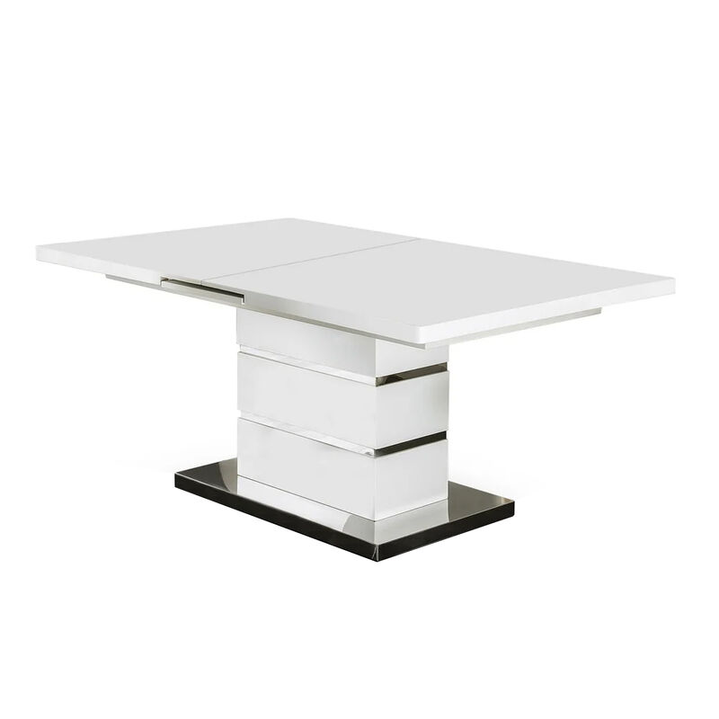 Extendable Dining Table with Metal Base, White and Silver - Benzara
