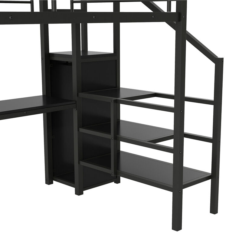 Merax Metal Loft Bed with Desk, Storage Staircase, Small Wardrobe and LED Light,Black