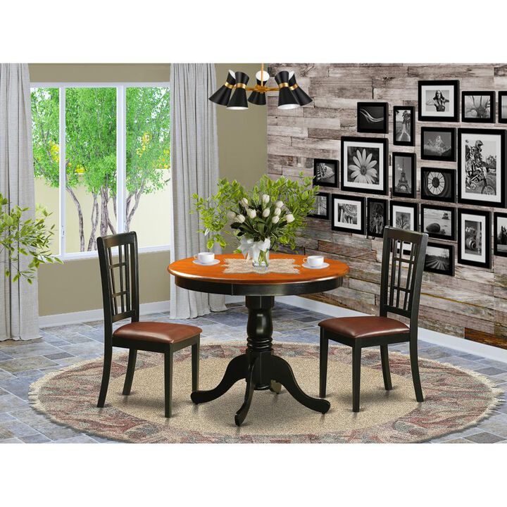 3 PC Dining Table with 2 Leather Chairs in Black and Cherry