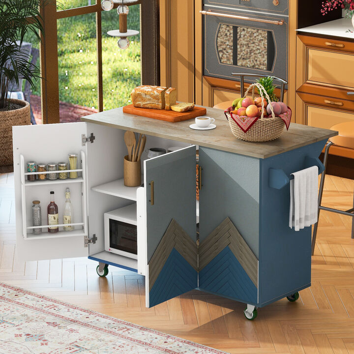 Retro Mountain Wood 47"D Kitchen Island with Drop Leaf, Accent Cabinet with Internal Storage Rack, Farmhouse Rolling Kitchen Cart on Wheels for Living Room, Kitchen, Dining Room (Navy Blue)