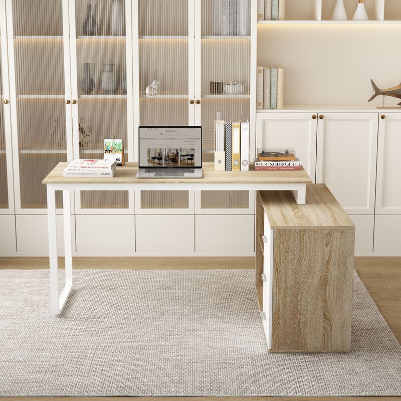 55.1&rdquo; L-Shaped Desk with Drawers and Shelves, Office Desk Corner Desk with Storage, Computer Desk Craft Desk for Home Office Bedroom