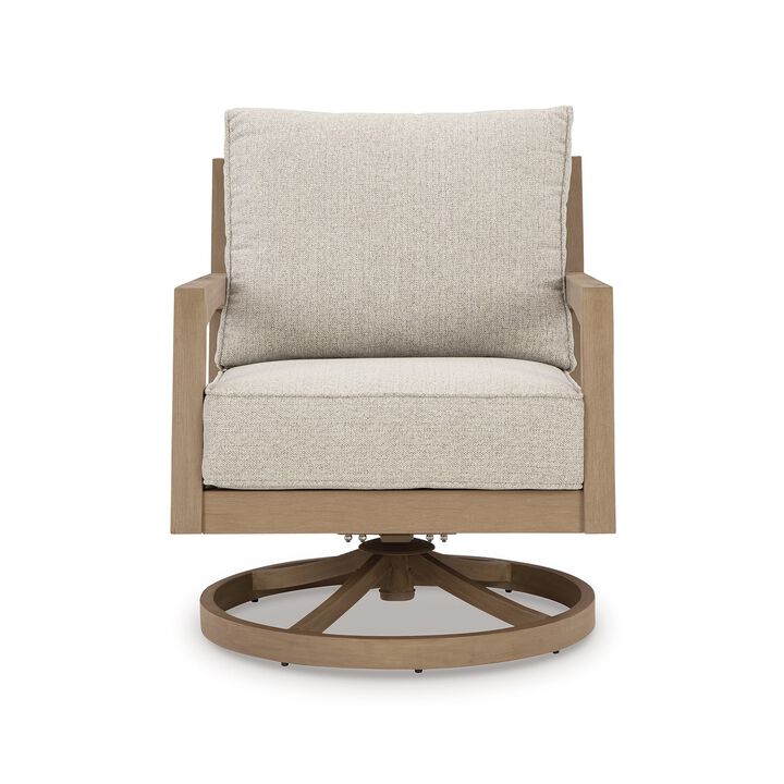 Karo 35 Inch Outdoor Swivel Lounge Chair, Cushioned Seat, Beige, Brown - Benzara