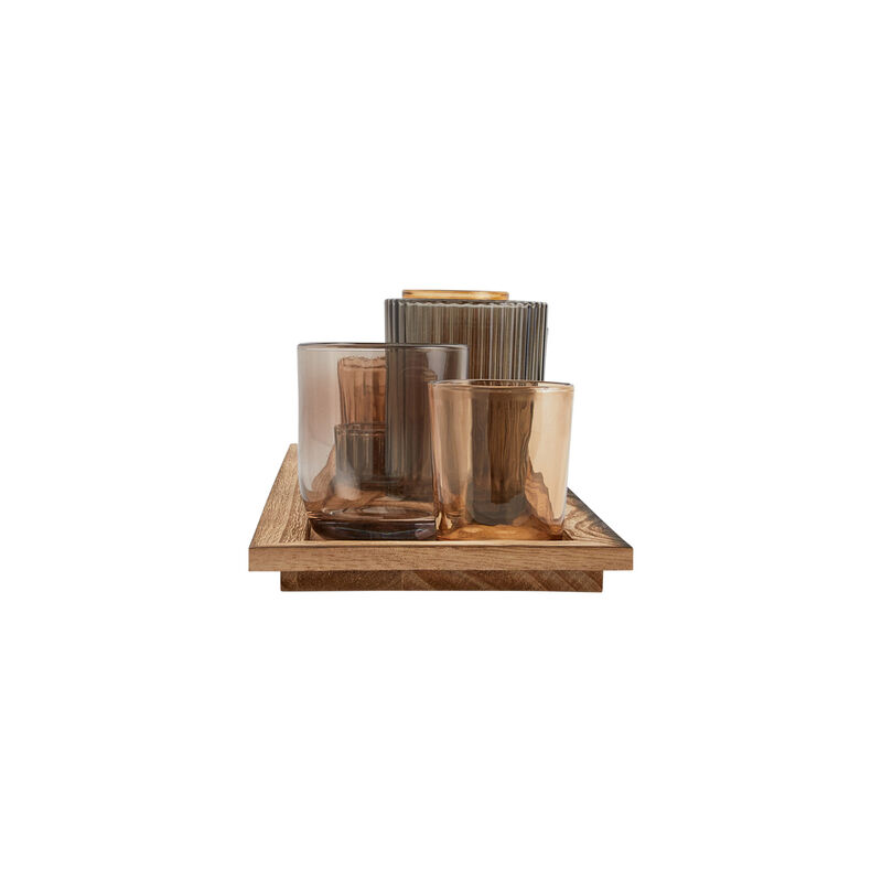 9‑Piece Round Glass Votive Holders on Solid Paulownia Wood Tray, Brown Rustic Finish image number 6