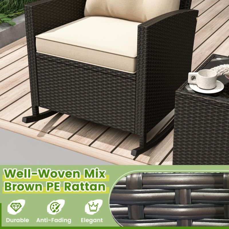 Hivvago 3-Piece Patio Rattan Roker Chairs with Tempered Glass Table and Soft Cushions image number 6
