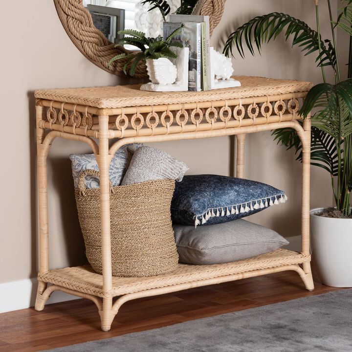 bali & pari Oxford Braided Natural Rattan Console Table with Open Shelf – Coastal Boho Entryway or Hallway Accent Table with Decorative Loop Detailing