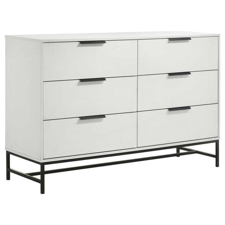 Noro Wide Dresser, 6 Storage Drawers, Modern White, Black Metal Legs - Benzara