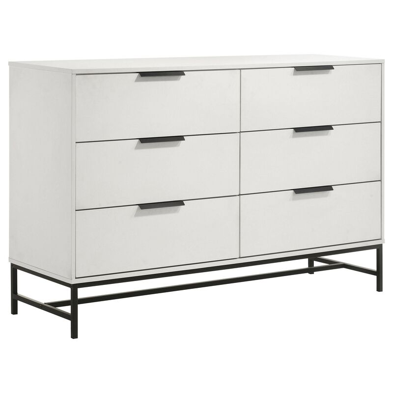 Noro Wide Dresser, 6 Storage Drawers, Modern White, Black Metal Legs - Benzara