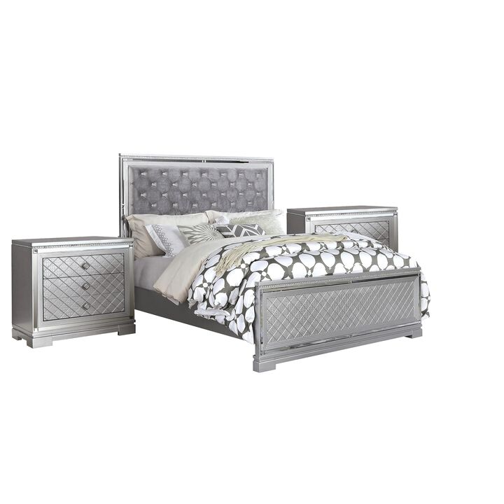 3-Piece Queen Bedroom Set &ndash; Silver Finish Bed & Matching Nightstand