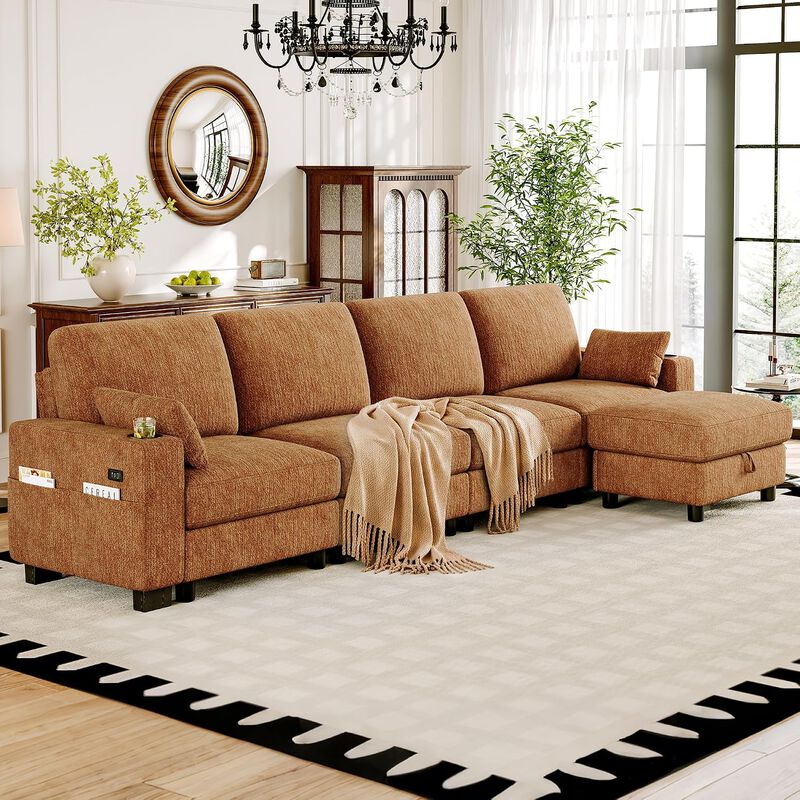 Vipbear 128 Inch Modular Sectional Sofa, Comfy Chenille 5 Seater L Shaped Cloud Couch with Ottoman image number 9