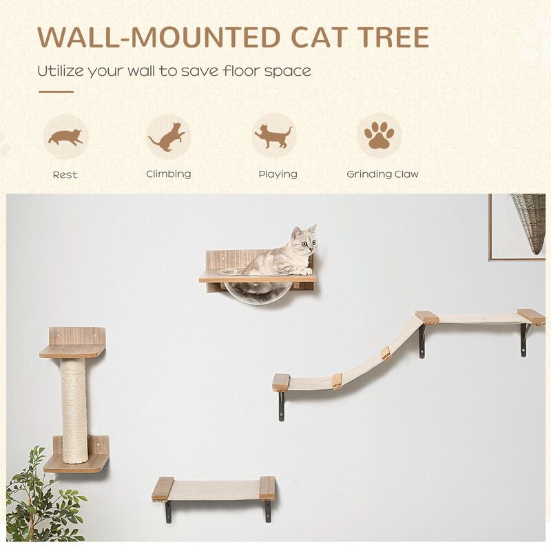 Indoor Cat Activity Tree 4-Piece Set, Mounted Pet Climbing Perches w/ Feeding Station, Hammock Stairs, Scratching Post, Jumping Platform, Beige