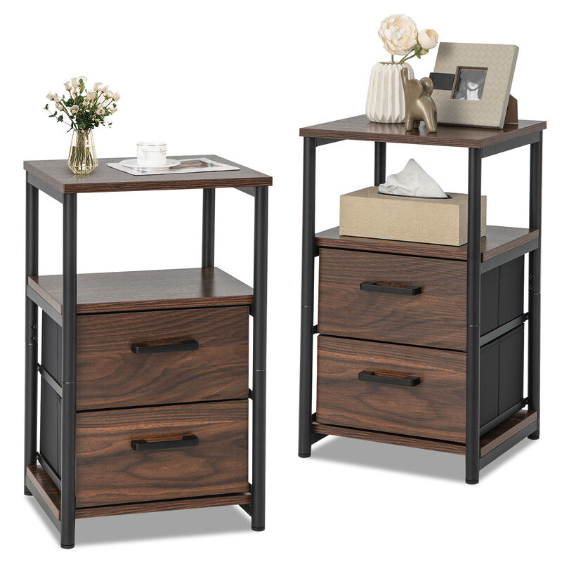 Bedside Table Set of 2 with Removable Fabric Drawers and Metal Frame