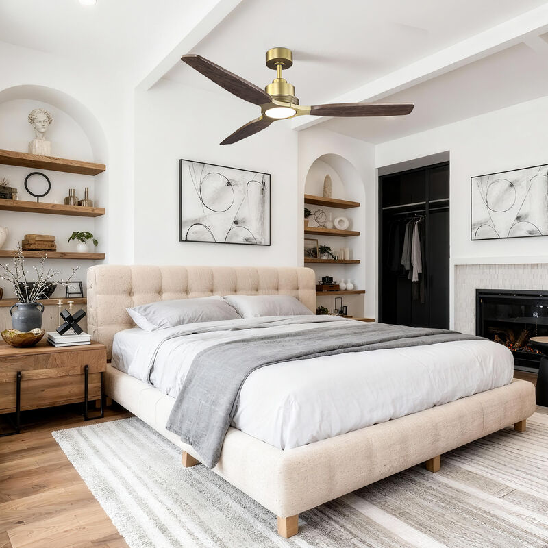 56 in. Soft Brass Dimmable Solid Wood Blades Ceiling Fan with LED Light and Remote