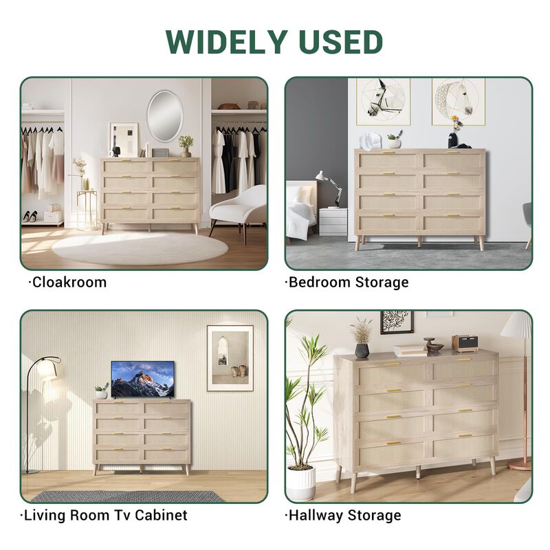 8 Drawer Dresser, Natural Rattan Dresser for Bedroom with 5 Strong Legs, Farmhouse Wood Chest image number 2