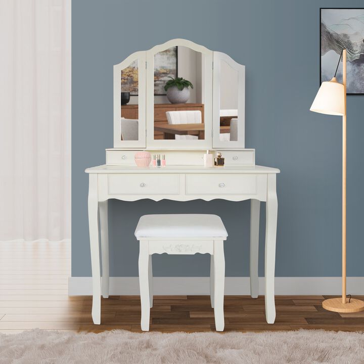 35 Inch 3 Piece Vanity Desk Set with Cushioned Stool and Elegant Trifold Mirror, 4 Drawers, Off White Solid Wood-Benzara