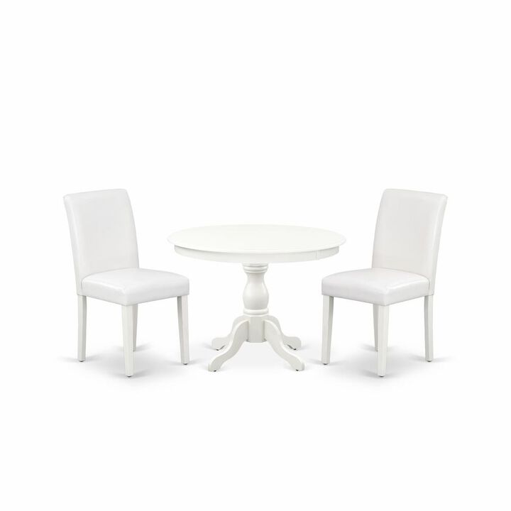 East West Furniture HBAB3-LWH-64 3 Piece Dining Room Set - Linen White Dinning Table and 2 White Faux Leather Comfortable Chairs with High Back - Linen White Finish